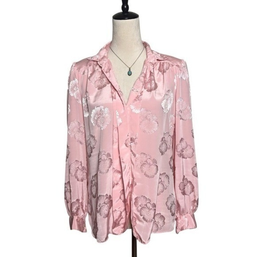 Vintage Pink Satin Floral Blouse Romantic Coquette Top M |‎ Career Office Chic